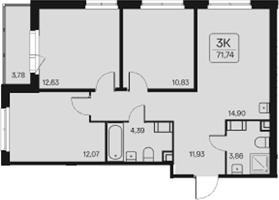 Планировка трёхкомнатная 71.74 м² в ЖК «Расцветай в Янино», корпус 2.1 (монолитный)