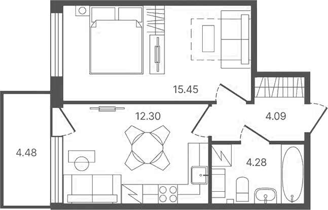 Планировка однокомнатная 37.46 м² в ЖК «Рауни», корпус 3