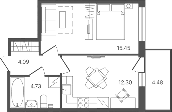 Планировка однокомнатная 37.68 м² в ЖК «Рауни», корпус 1