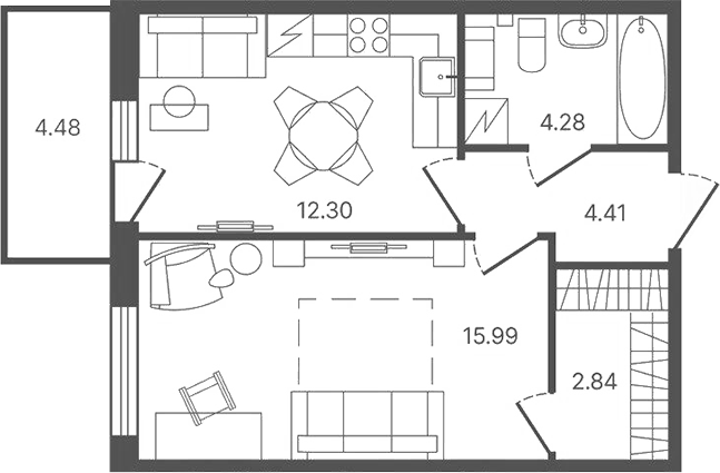 Планировка однокомнатная 41.15 м² в ЖК «Рауни», корпус 3