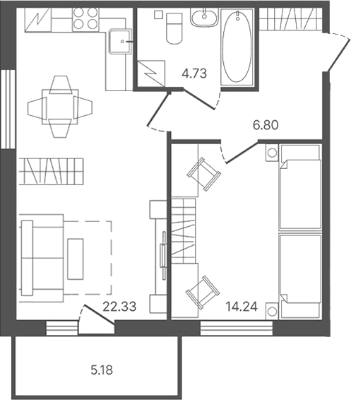 Планировка однокомнатная 50.61 м² в ЖК «Рауни», корпус 1