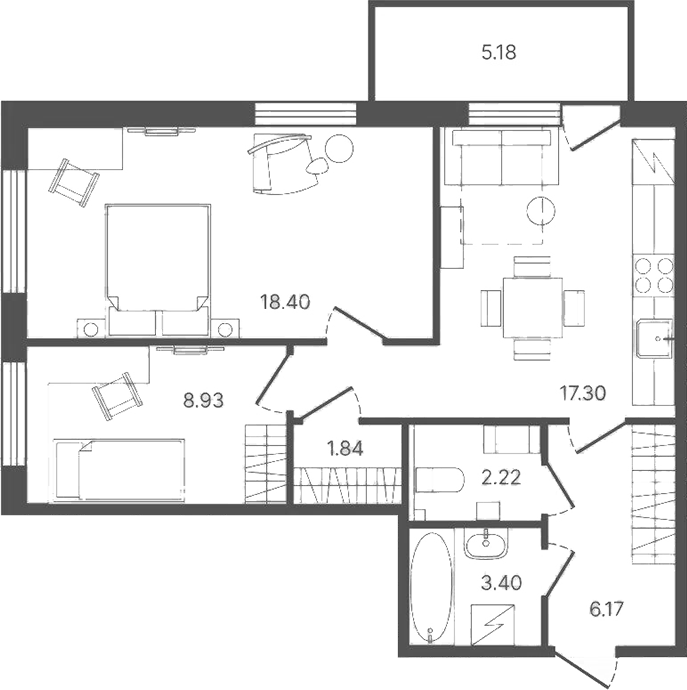 Планировка двухкомнатная 59.82 м² в ЖК «Рауни», корпус 3