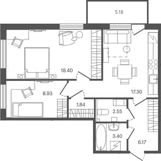 Планировка двухкомнатная 60.1 м² в ЖК «Рауни», корпус 1