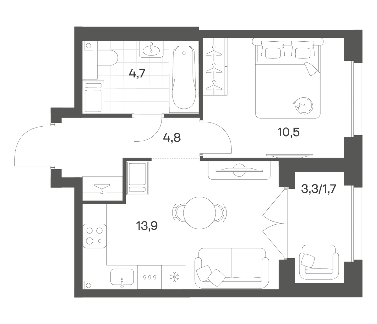 Планировка однокомнатная 35.47 м² в ЖК «Речной Квартал», корпус В1