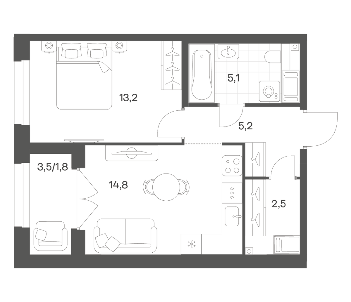 Планировка однокомнатная 42.56 м² в ЖК «Речной Квартал», корпус В1