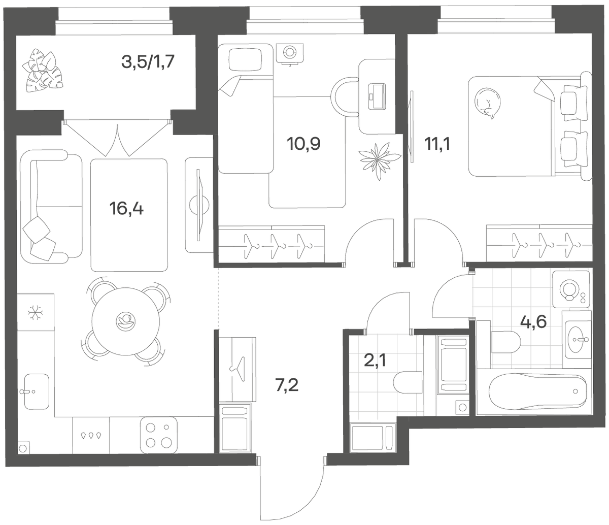 Планировка евротрёшка (3Е) 52.57 м² в ЖК «Речной Квартал», корпус В2