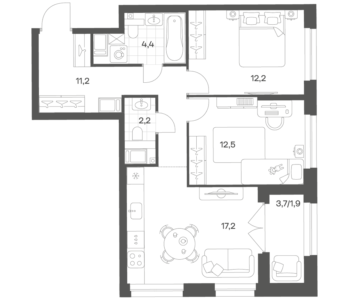 Планировка евротрёшка (3Е) 59.74 м² в ЖК «Речной Квартал», корпус В2