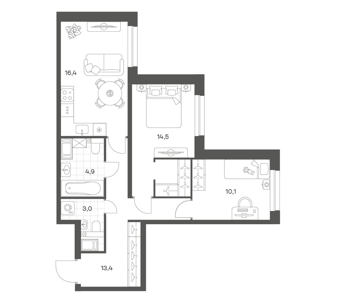 Планировка евротрёшка (3Е) 62.28 м² в ЖК «Речной Квартал», корпус В1