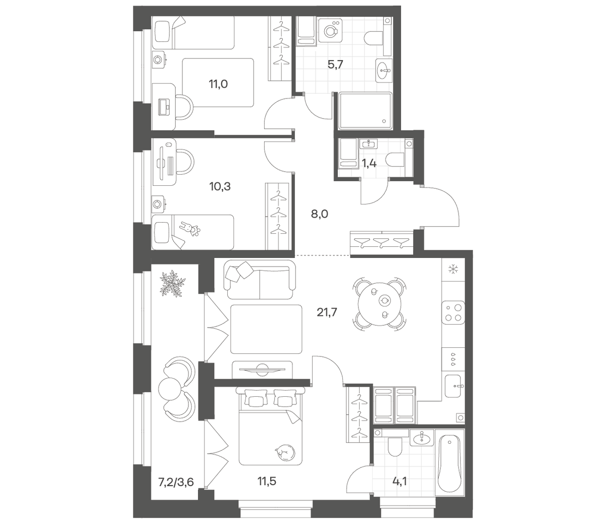 Планировка евро-4 (4Е) 77.41 м² в ЖК «Речной Квартал», корпус В1