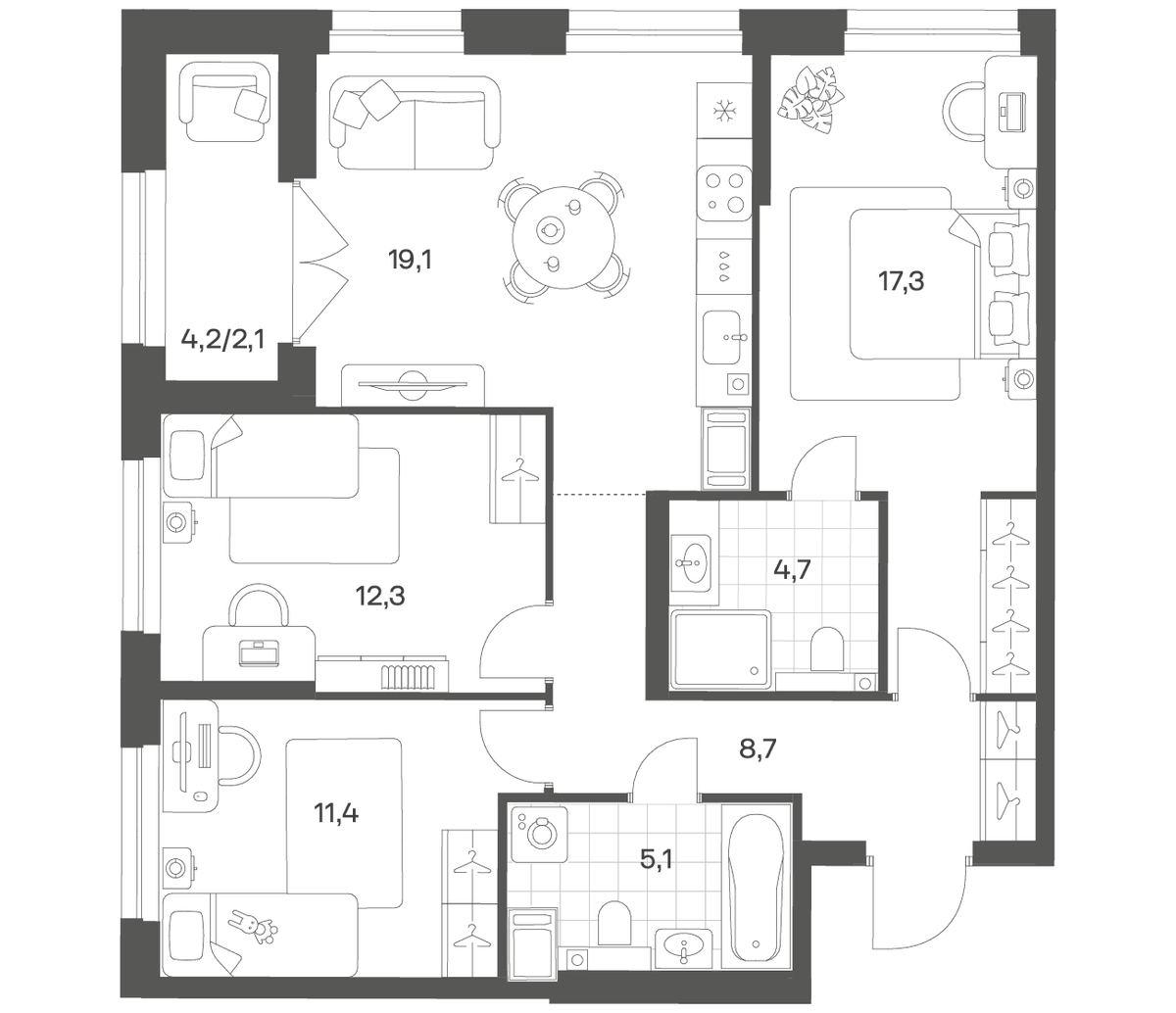 Планировка евро-4 (4Е) 80.53 м² в ЖК «Речной Квартал», корпус В3