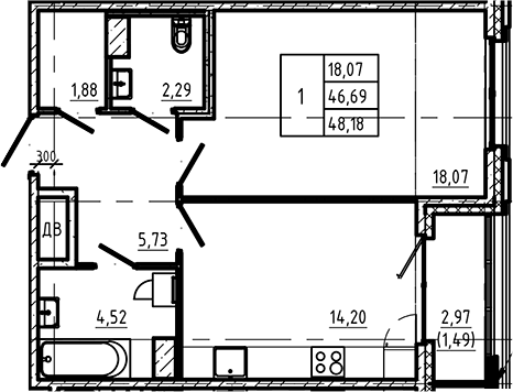 Планировка однокомнатная 49.93 м² в ЖК «Регенбоген», корпус 1