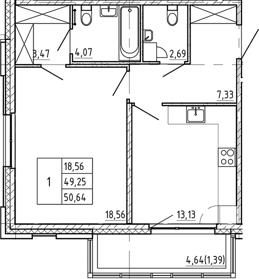 Планировка однокомнатная 50.64 м² в ЖК «Регенбоген», корпус 1