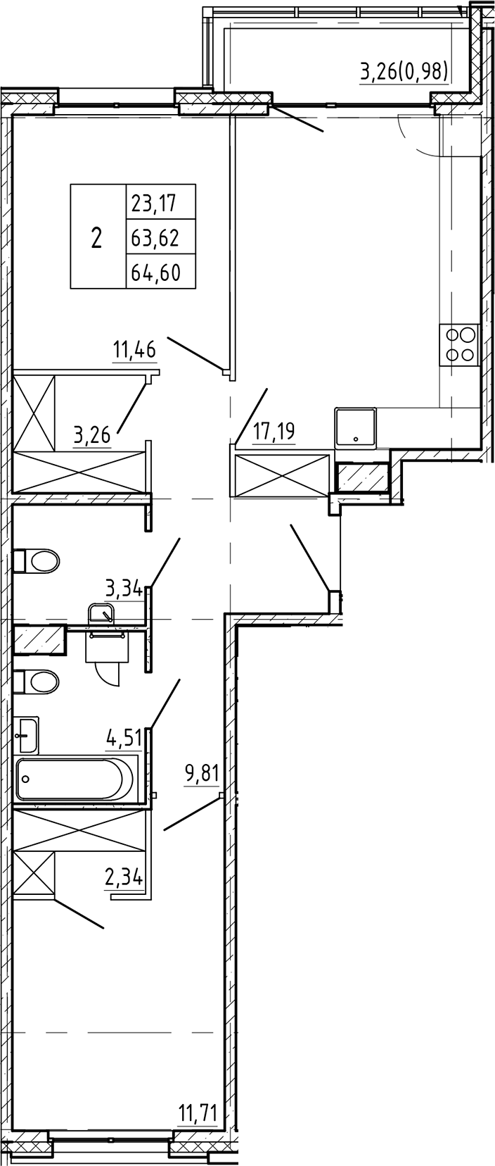 Планировка двухкомнатная 64.6 м² в ЖК «Регенбоген», корпус 1
