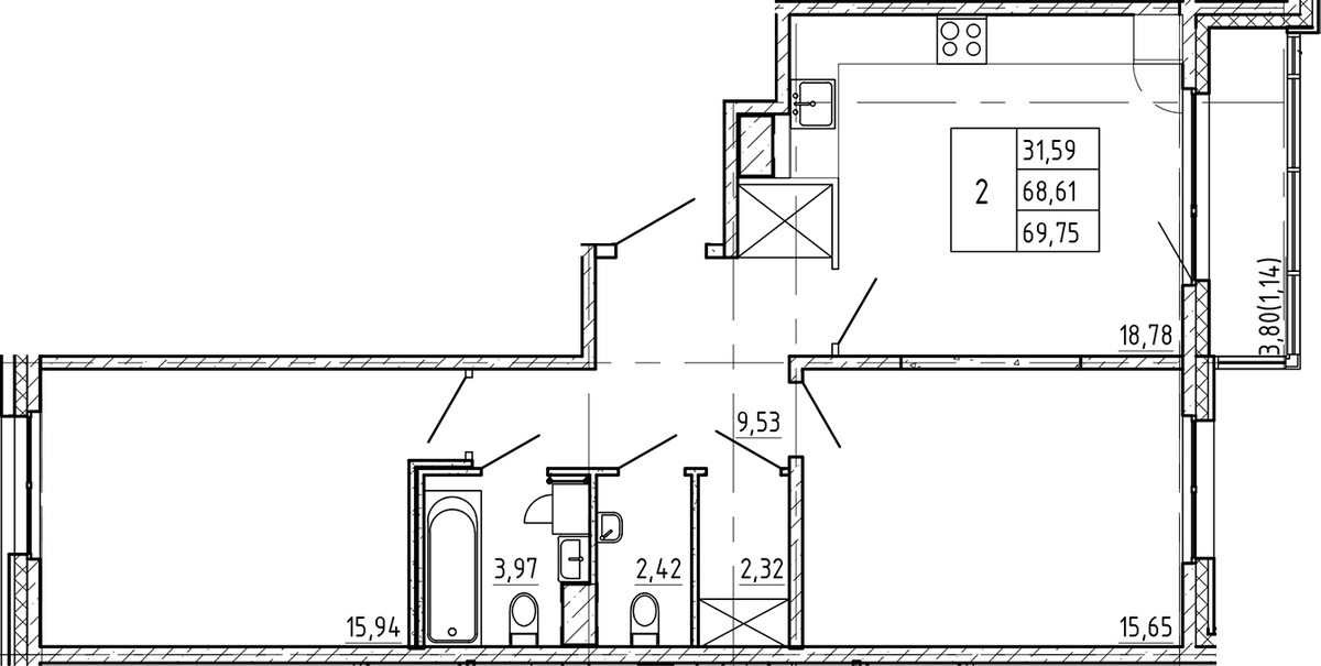 Планировка двухкомнатная 69.75 м² в ЖК «Регенбоген», корпус 1