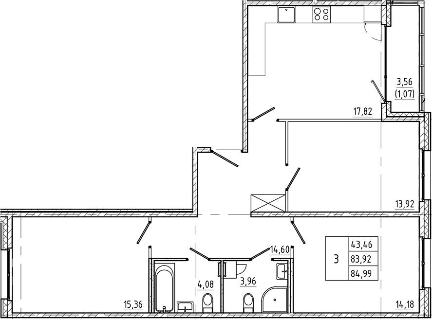 Планировка трёхкомнатная 84.99 м² в ЖК «Регенбоген», корпус 1