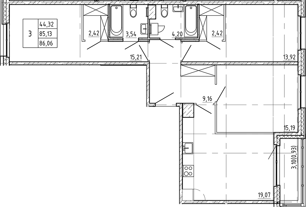 Планировка трёхкомнатная 86.06 м² в ЖК «Регенбоген», корпус 1