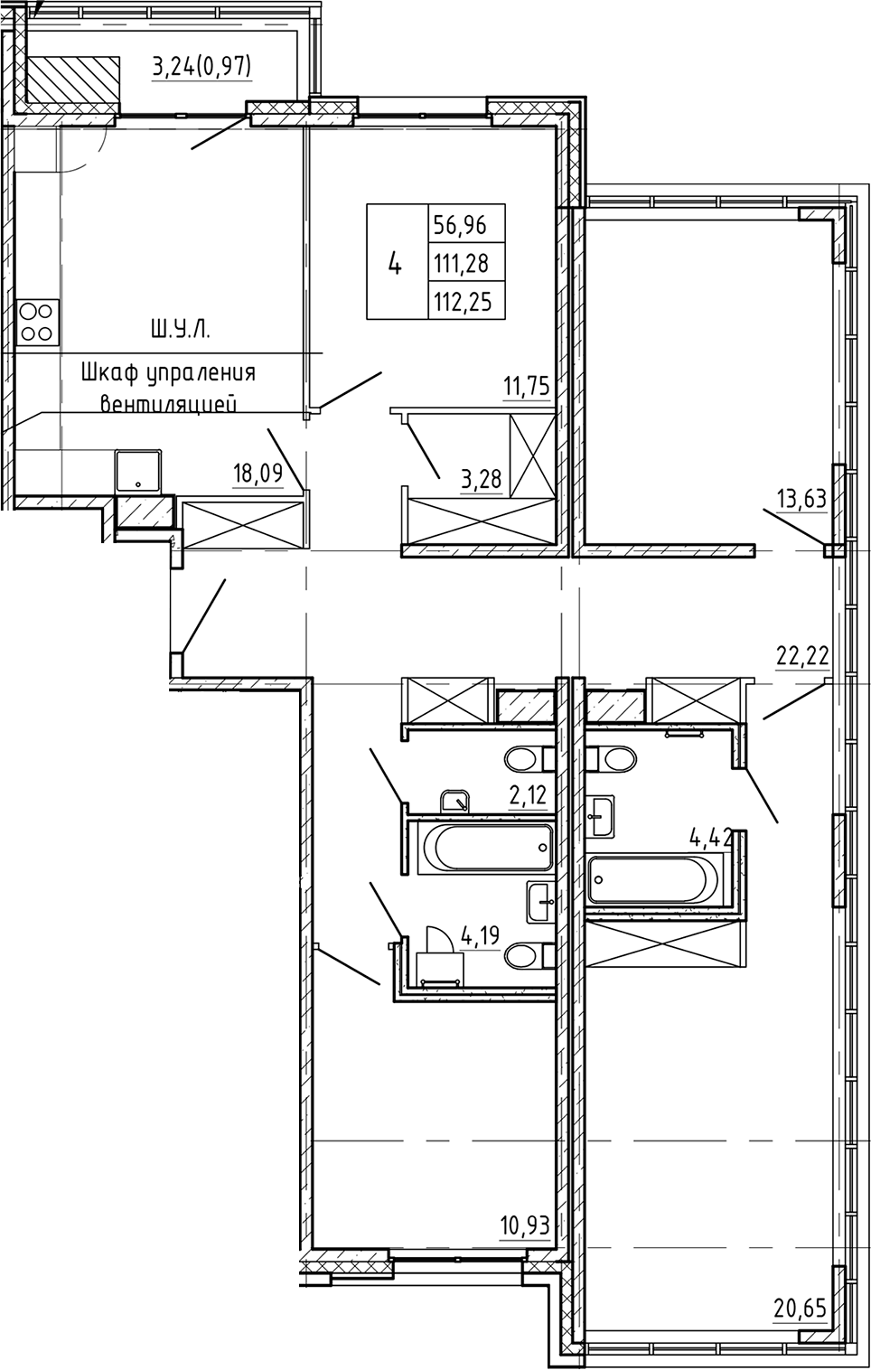 Планировка четырёхкомнатная 112.25 м² в ЖК «Регенбоген», корпус 1
