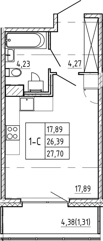 Планировка Студии 27.7 м² в ЖК «Регенбоген», корпус 1