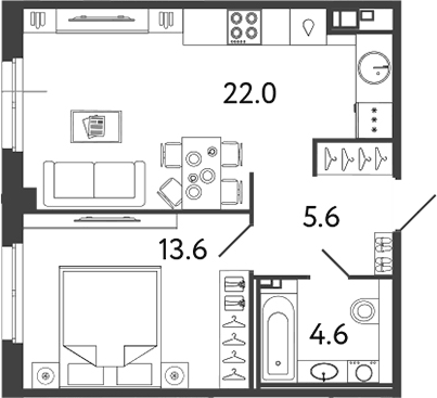 Планировка евродвушка (2Е) 45.8 м² в ЖК «Репин», корпус 3