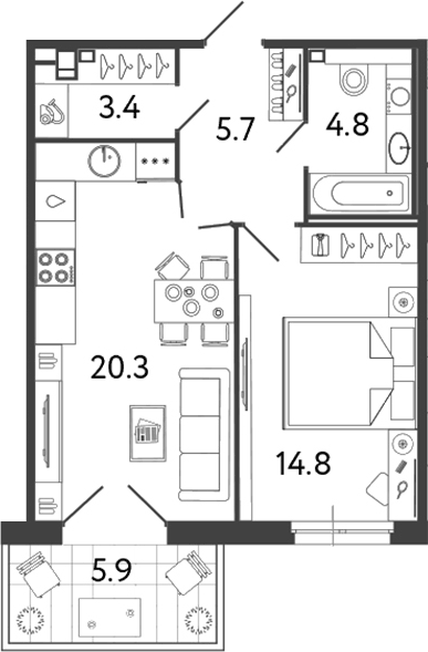 Планировка евродвушка (2Е) 54.9 м² в ЖК «Репин», корпус 3