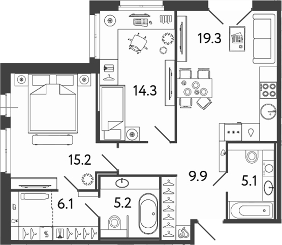Планировка евротрёшка (3Е) 75.1 м² в ЖК «Репин», корпус 3