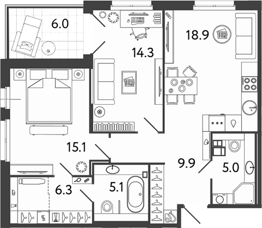 Планировка евротрёшка (3Е) 80.6 м² в ЖК «Репин», корпус 3