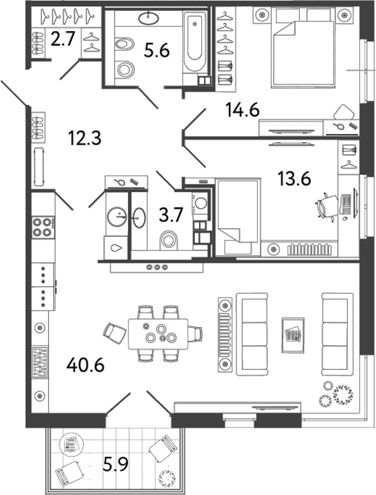 Планировка евротрёшка (3Е) 94.87 м² в ЖК «Репин», корпус 4