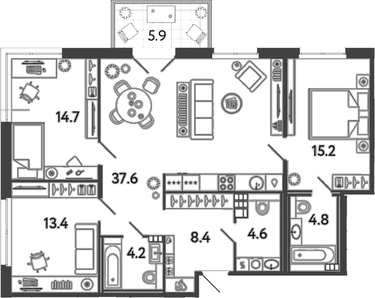 Планировка евро-4 (4Е) 104.67 м² в ЖК «Репин», корпус 5