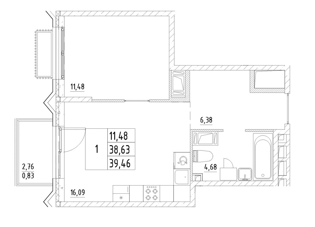 Планировка однокомнатная 39.46 м² в ЖК «Респект», корпус 4