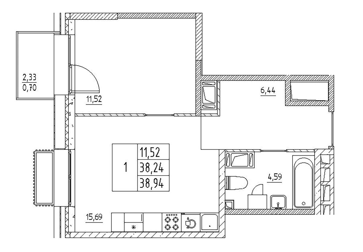 Планировка евродвушка (2Е) 38.94 м² в ЖК «Респект», корпус 5.1