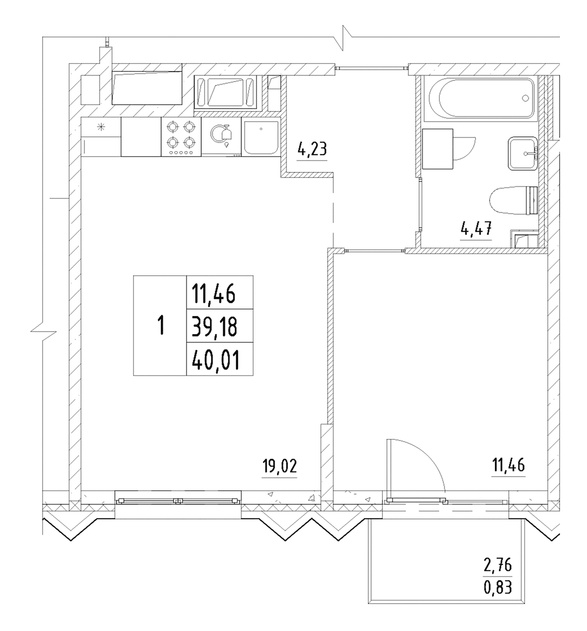 Планировка евродвушка (2Е) 40.01 м² в ЖК «Респект», корпус 4