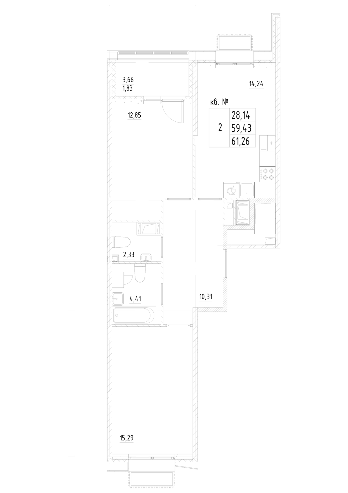Планировка двухкомнатная 61.26 м² в ЖК «Респект», корпус 5.2