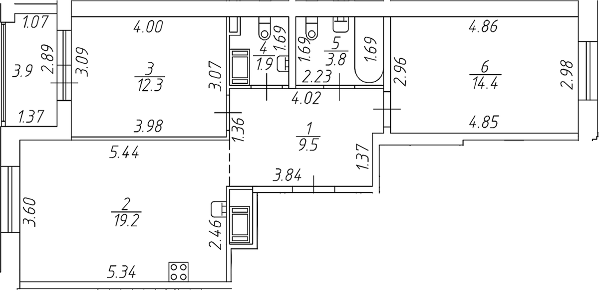 Планировка евротрёшка (3Е) 63.1 м² в ЖК «Респект», корпус 2.2