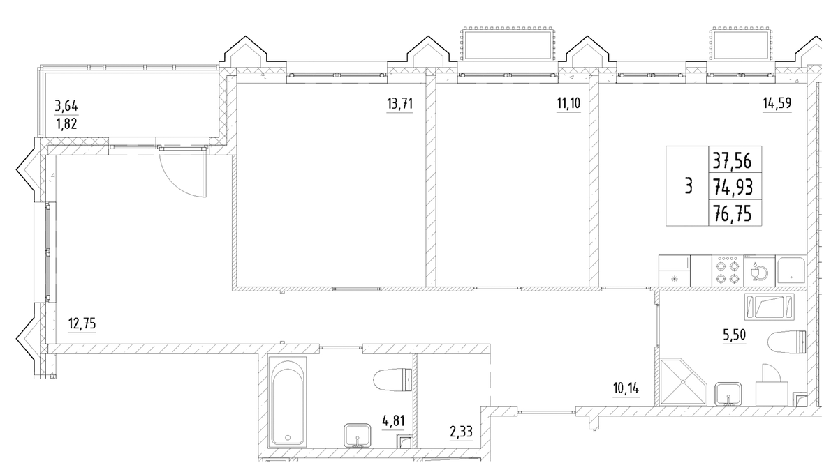 Планировка трёхкомнатная 76.75 м² в ЖК «Респект», корпус 4