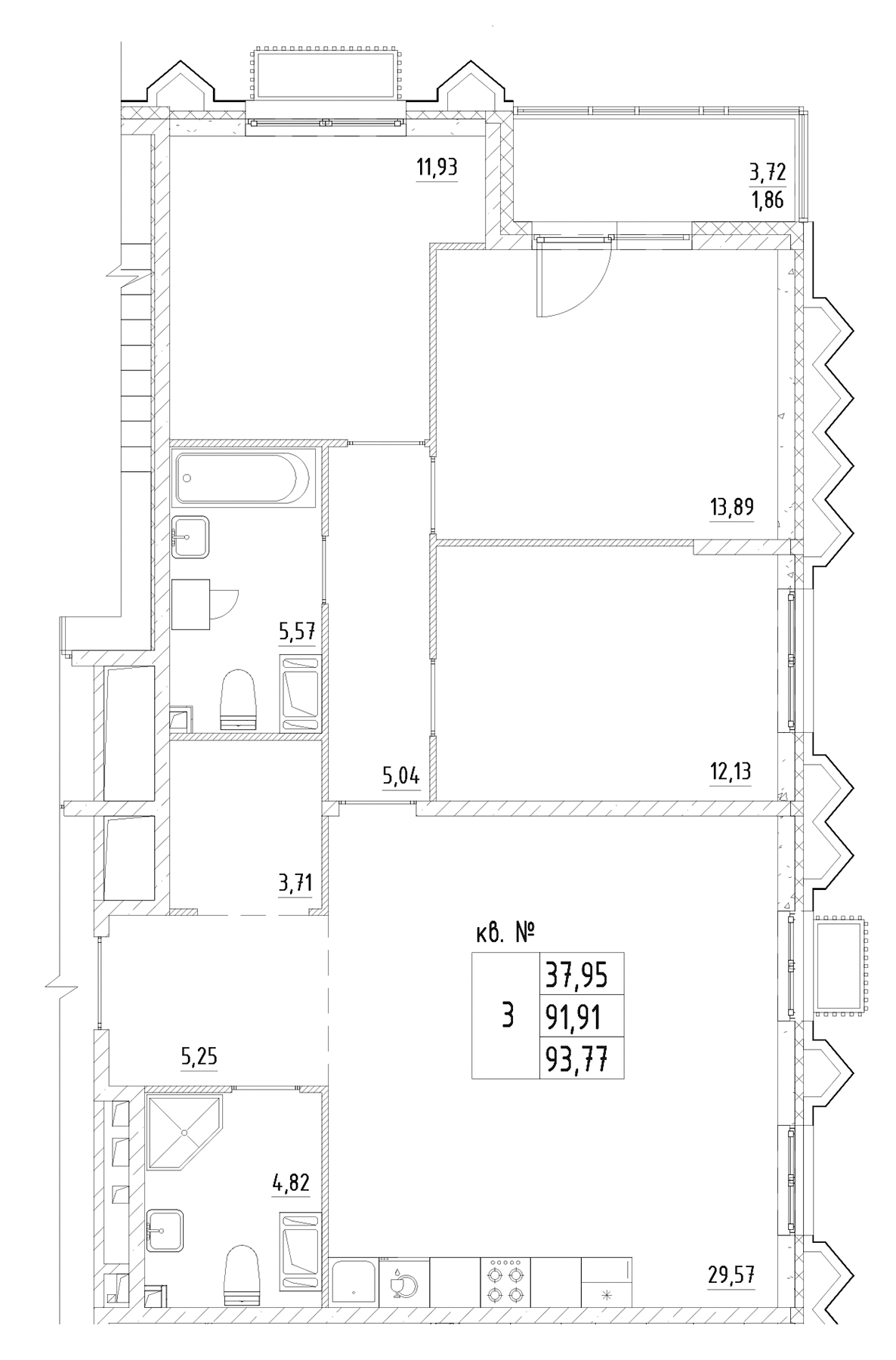 Планировка евро-4 (4Е) 93.77 м² в ЖК «Респект», корпус 4