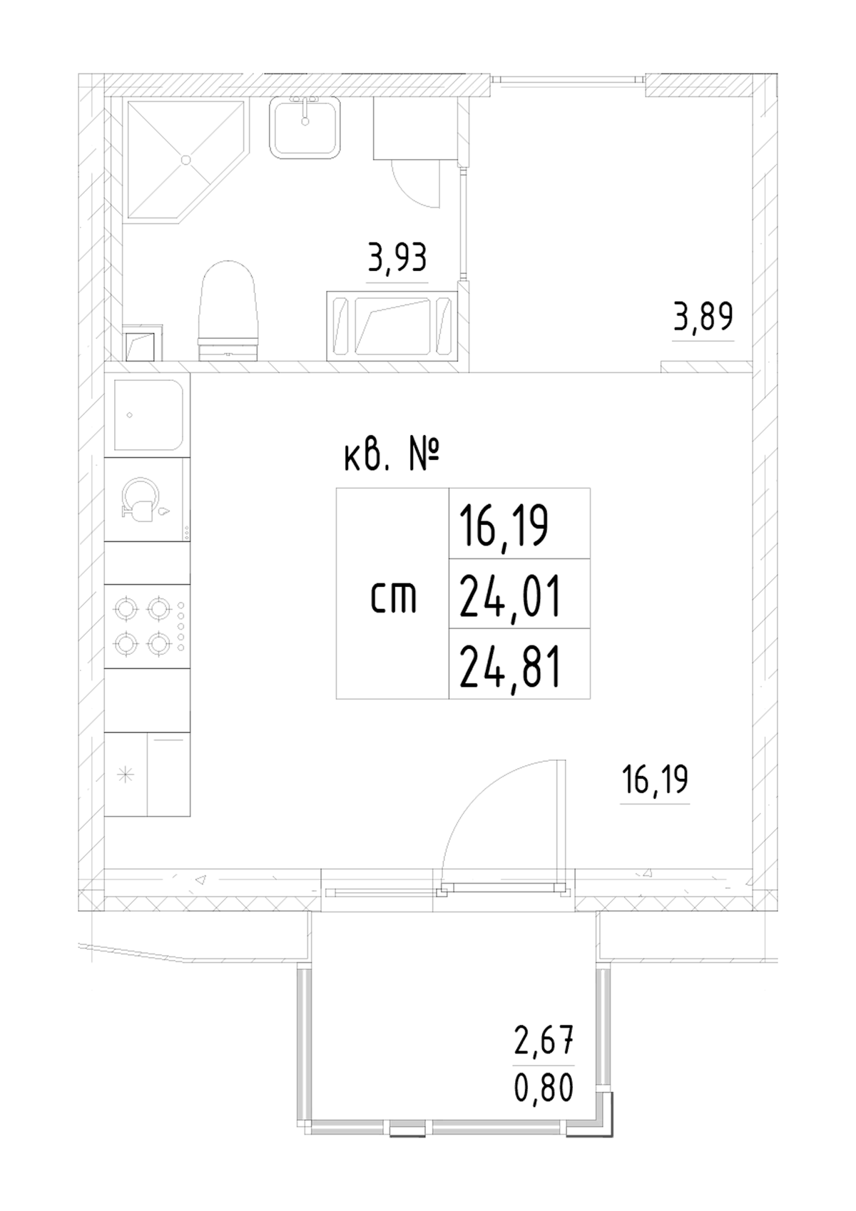 Планировка Студии 24.81 м² в ЖК «Респект», корпус 5.2