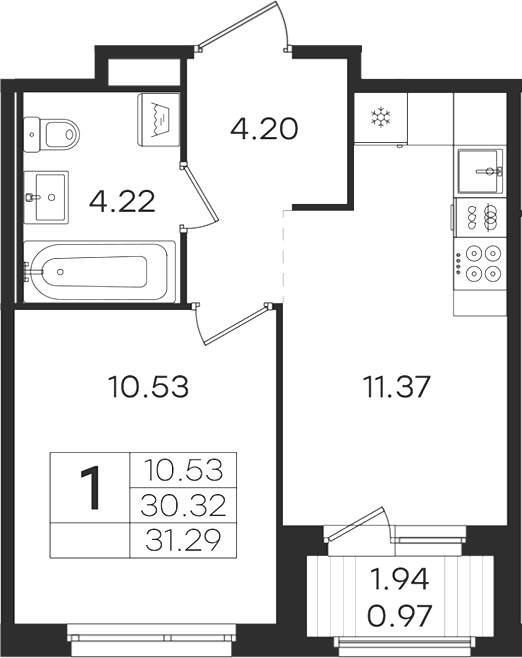 Планировка однокомнатная 31.29 м² в ЖК «Романовка», корпус 1