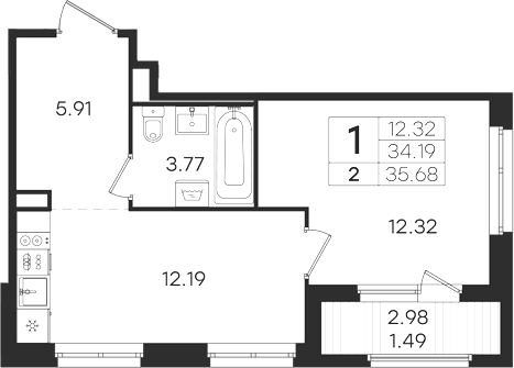 Планировка однокомнатная 35.68 м² в ЖК «Романовка», корпус 1