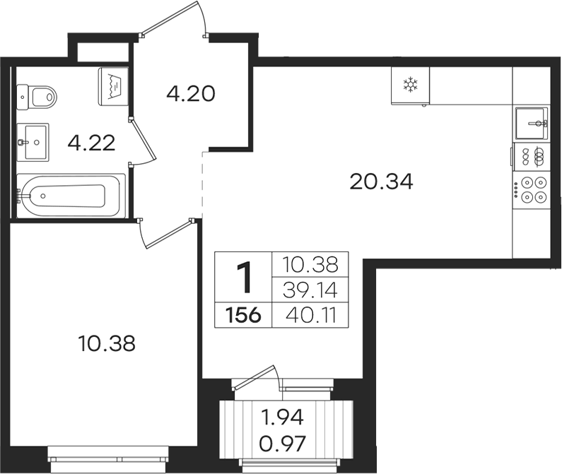 Планировка евродвушка (2Е) 40.11 м² в ЖК «Романовка», корпус 1
