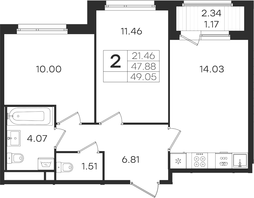 Планировка двухкомнатная 49.05 м² в ЖК «Романовка», корпус 1