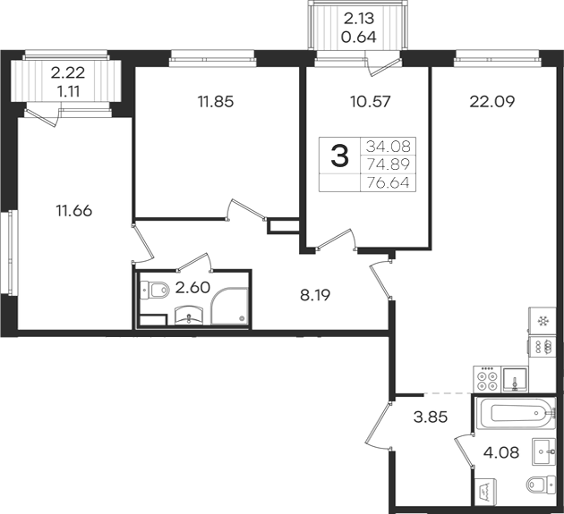 Планировка евро-4 (4Е) 76.64 м² в ЖК «Романовка», корпус 1