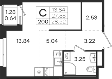 Планировка Студии 28.52 м² в ЖК «Романовка», корпус 1