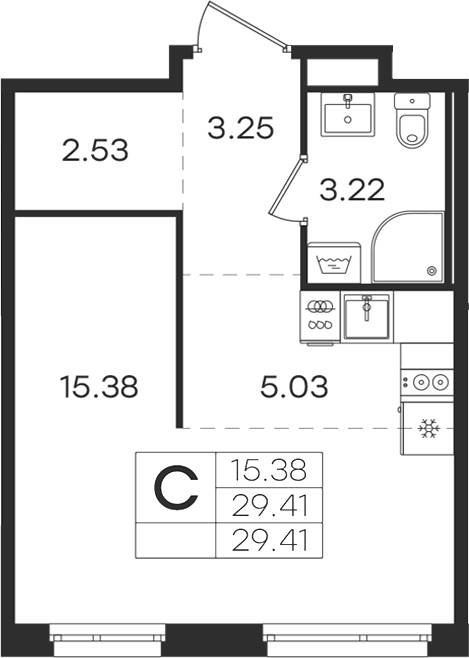 Планировка Студии 29.41 м² в ЖК «Романовка», корпус 1