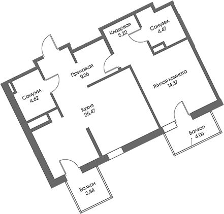 Планировка однокомнатная 65.88 м² в ЖК «Рощино Резиденс», корпус А3
