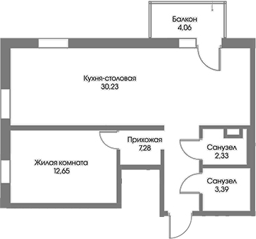 Планировка евродвушка (2Е) 57.1 м² в ЖК «Рощино Резиденс», корпус А8
