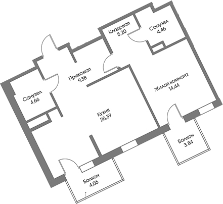 Планировка евродвушка (2Е) 65.9 м² в ЖК «Рощино Резиденс», корпус А6