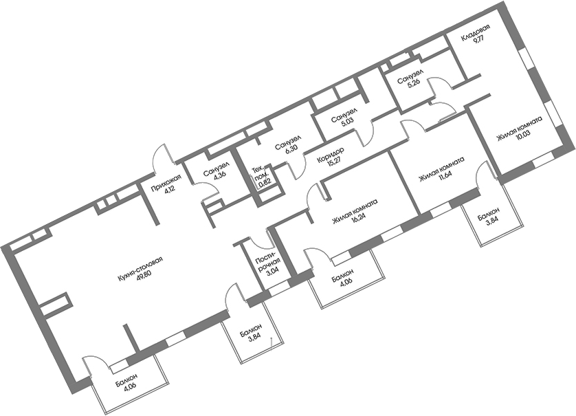 Планировка евро-4 (4Е) 146.42 м² в ЖК «Рощино Резиденс», корпус А7