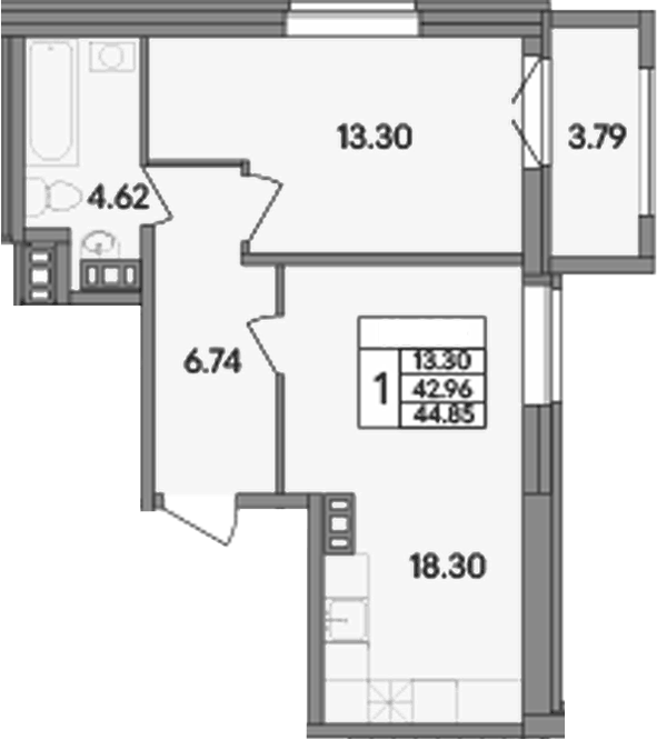 Планировка евродвушка (2Е) 44.85 м² в ЖК «Рождественский квартал», корпус 1