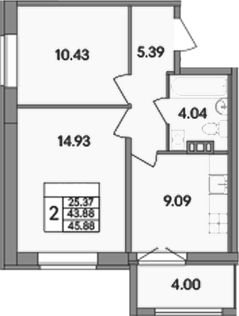 Планировка двухкомнатная 45.88 м² в ЖК «Рождественский квартал», корпус 1