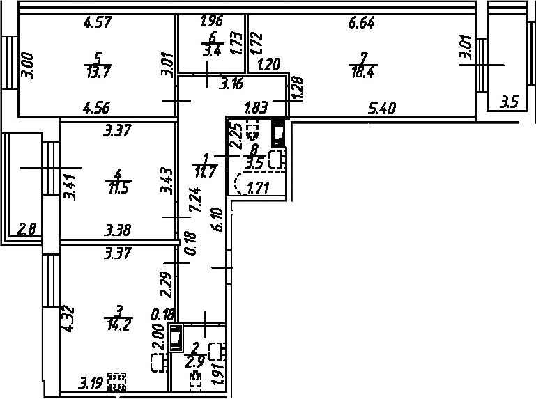 Планировка трёхкомнатная 82.5 м² в ЖК «Рождественский квартал», корпус 4